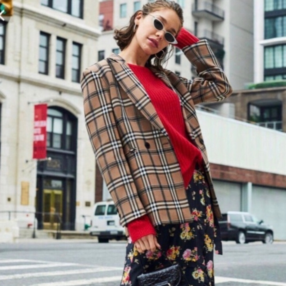 NWT HP Sandro Sirène plaid camel tan blazer US 0-2 - Picture 2 of 14